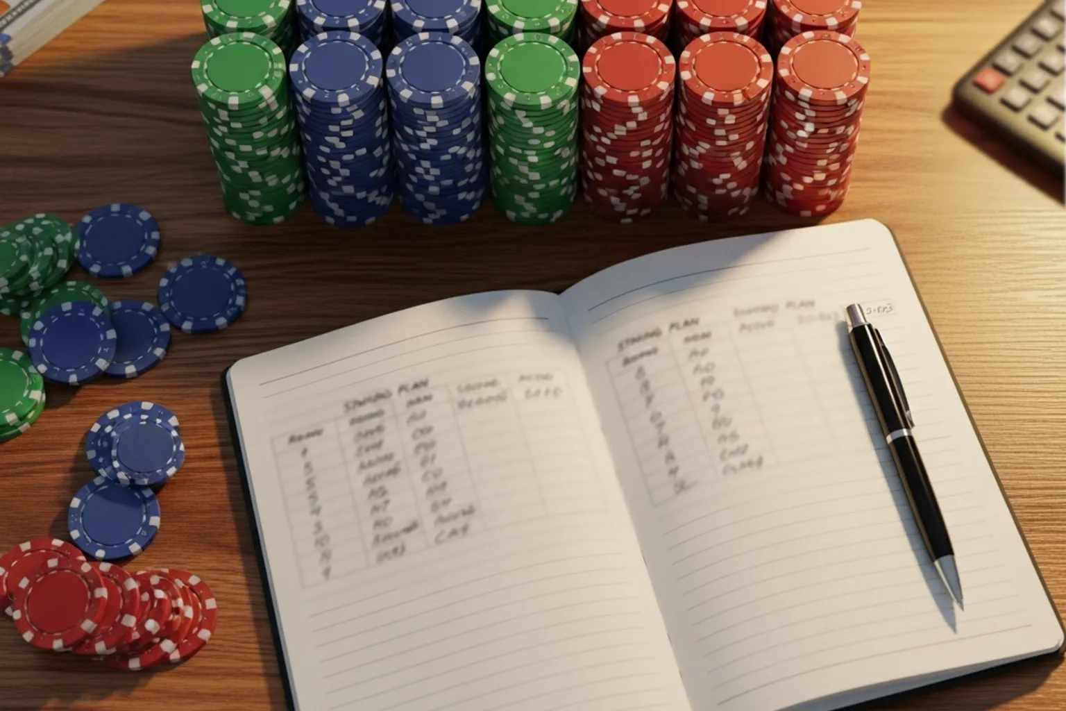 Geordnete Jetons-Stapel neben einem Notizbuch mit Einsatzplan auf einem Schreibtisch