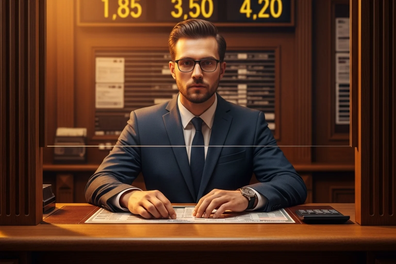 Hand eines Buchmachers hinter einem Wettschalter mit Quotenanzeige