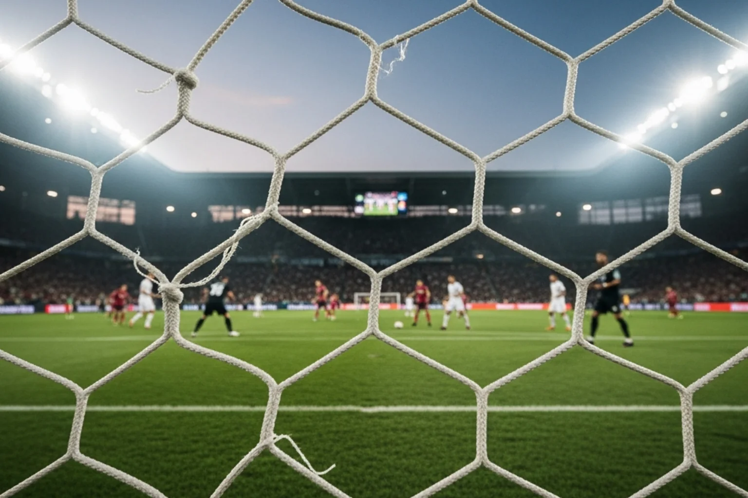 Bundesliga-Stadion bei Flutlicht mit Blick auf das Spielfeld aus der Tribüne