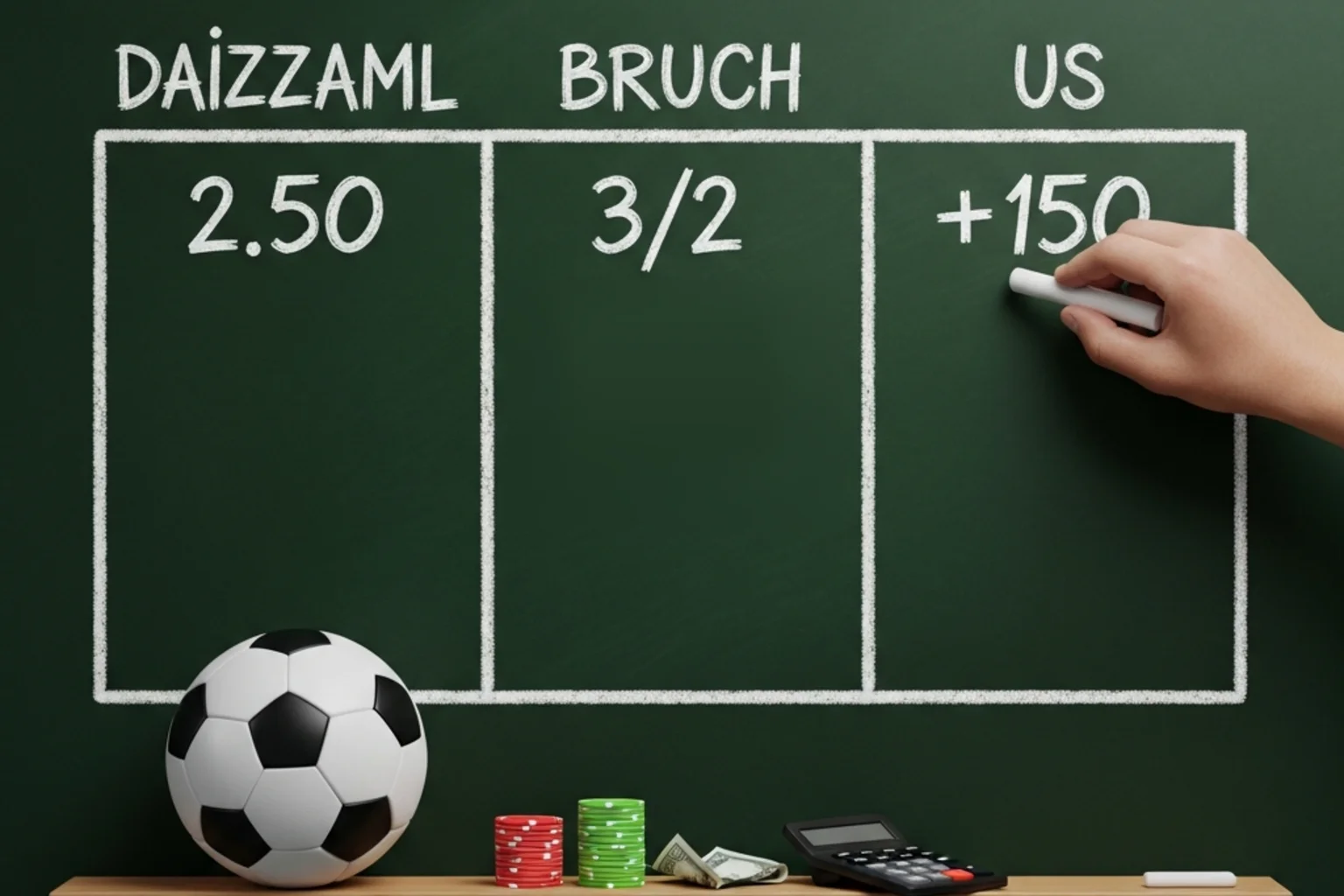 Drei Quotenformate nebeneinander auf einer Tafel – Dezimal, Bruch und US-Notation