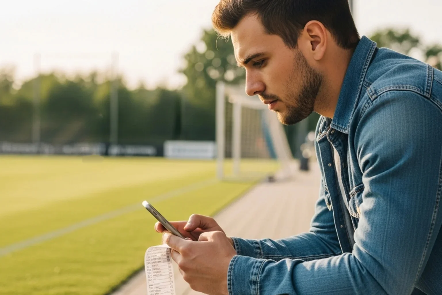 Junger Mann mit Smartphone und Wettschein in der Hand vor einem Fußballplatz