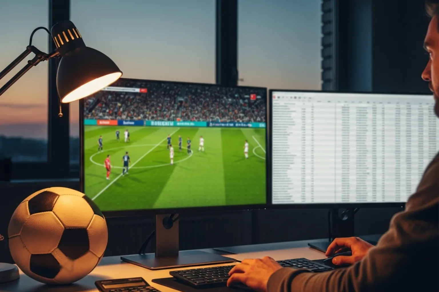 Fußball-Wettquoten Analyse auf einem Laptop neben einem Fußball im Stadion