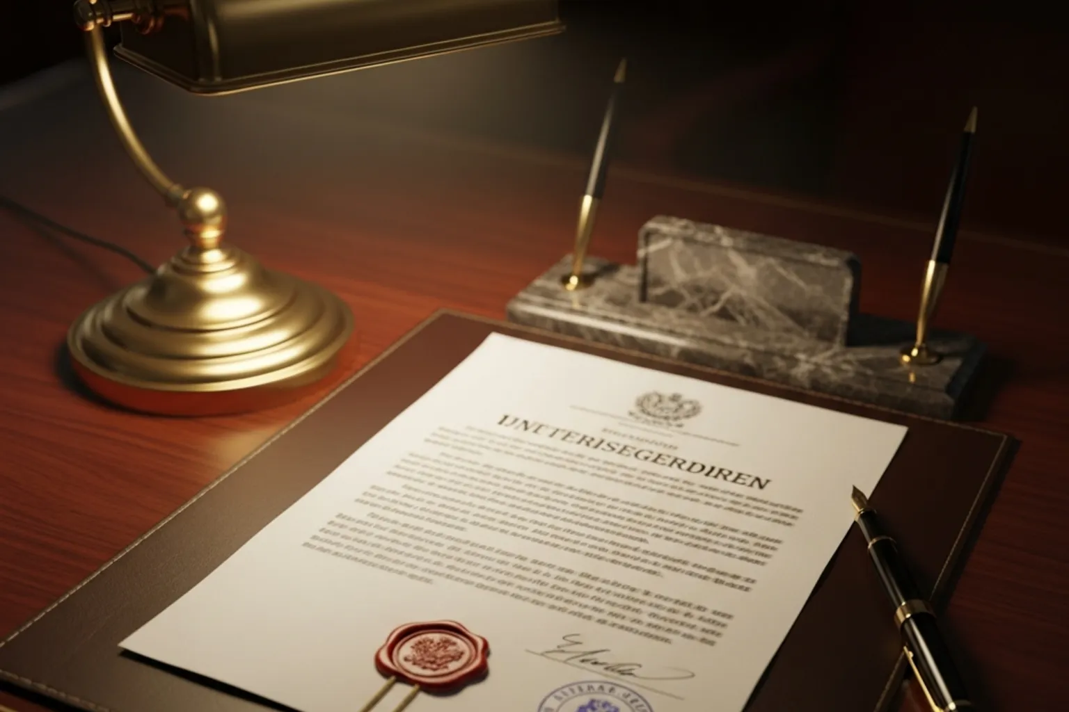 Dokument mit Siegel und Stempel auf einem Schreibtisch – Symbol für Lizenzierung
