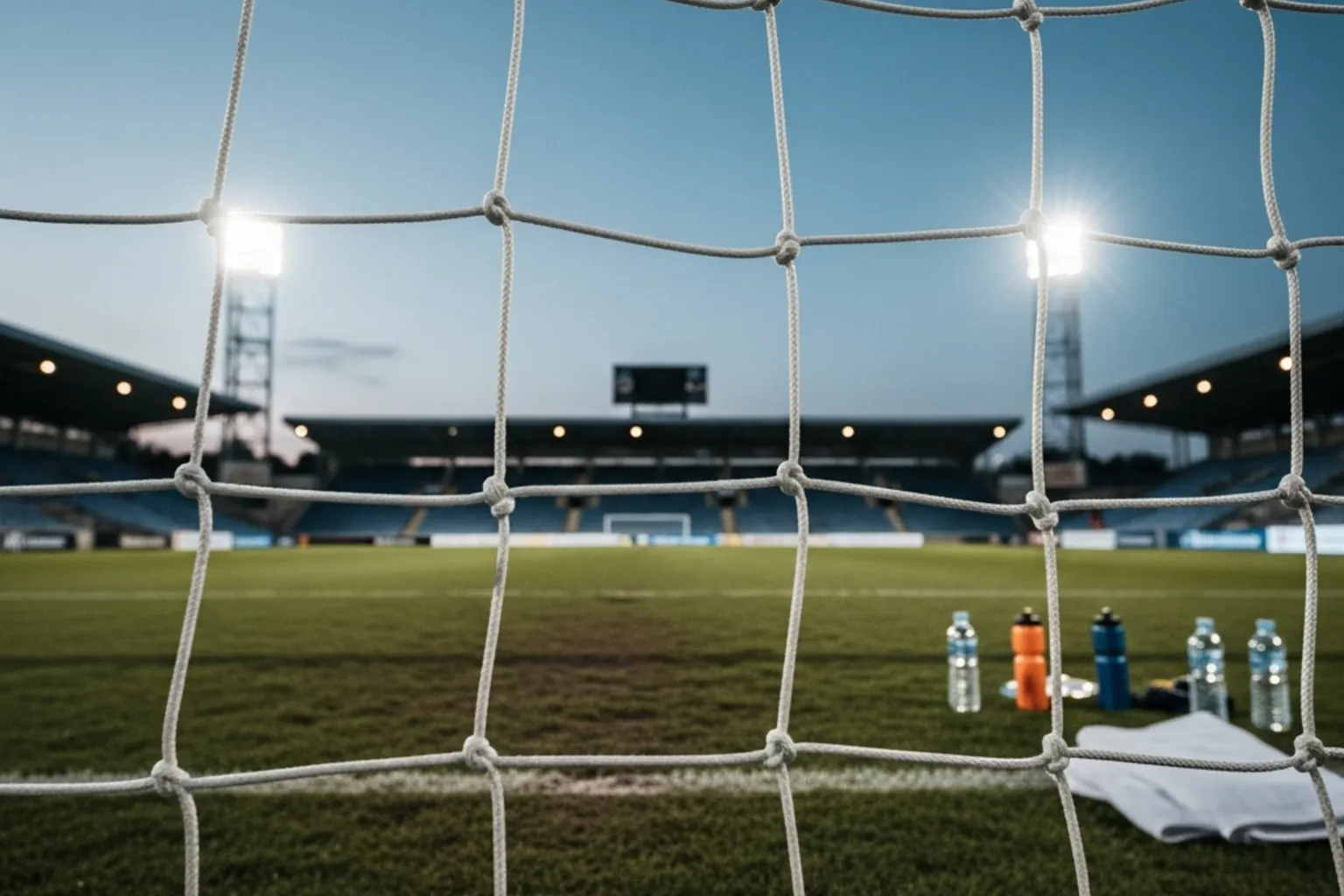 Halbzeitpause in einem Fußballstadion – Blick auf die leere Spielfeldmitte bei Flutlicht