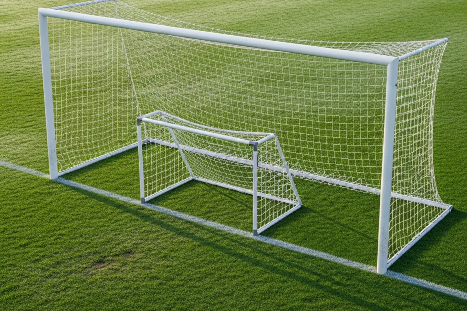 Fußballtor mit verschobenem Torpfosten als Symbol für das Handicap-Prinzip