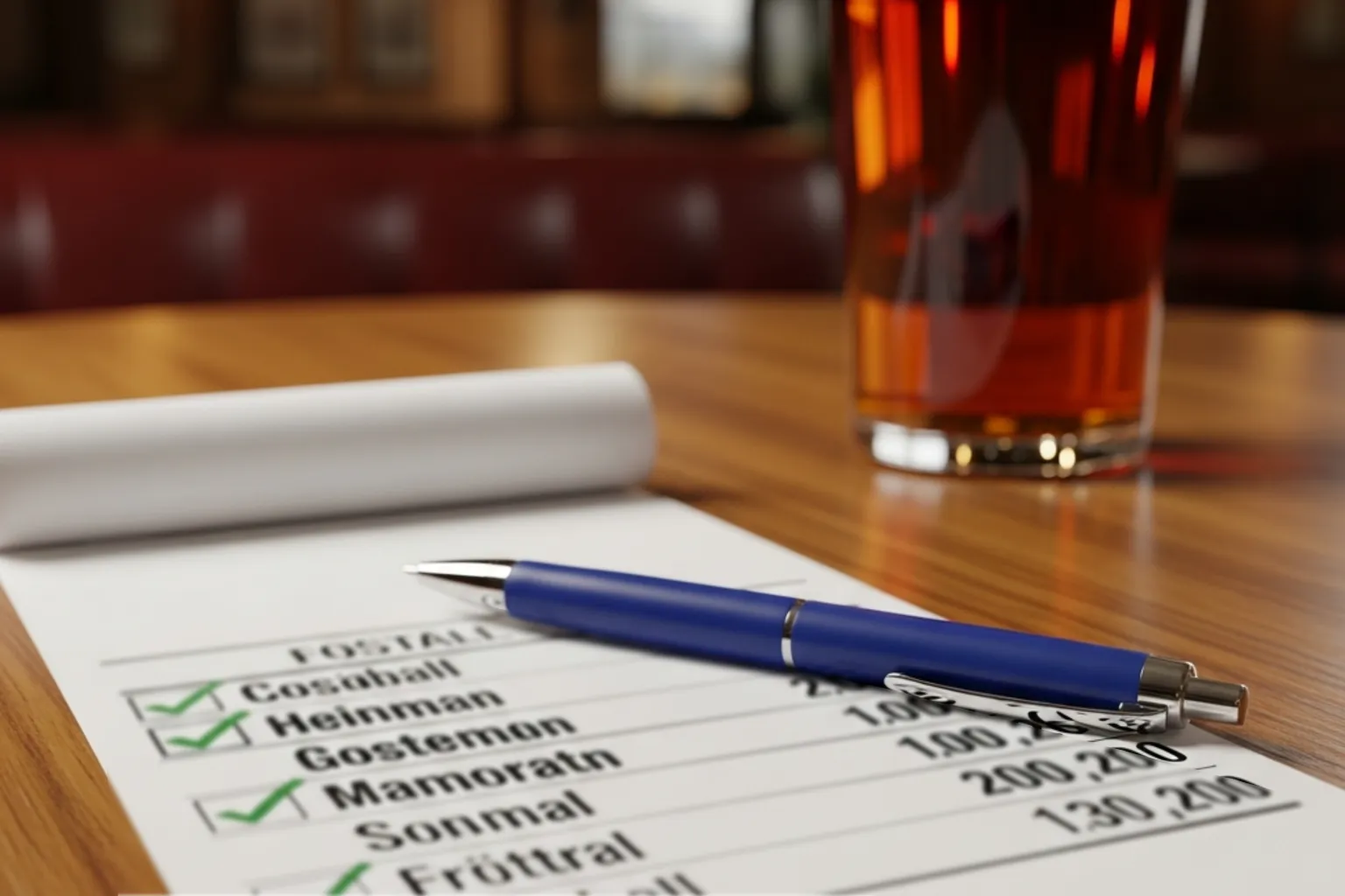 Wettschein mit vier angekreuzten Fußballspielen auf einem Tisch neben einem Kugelschreiber