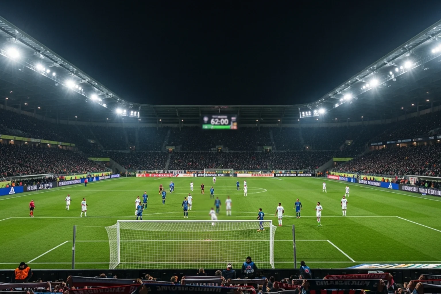 Fußballspiel in der zweiten Halbzeit – Blick aus der Kurve auf den Rasen bei Flutlicht