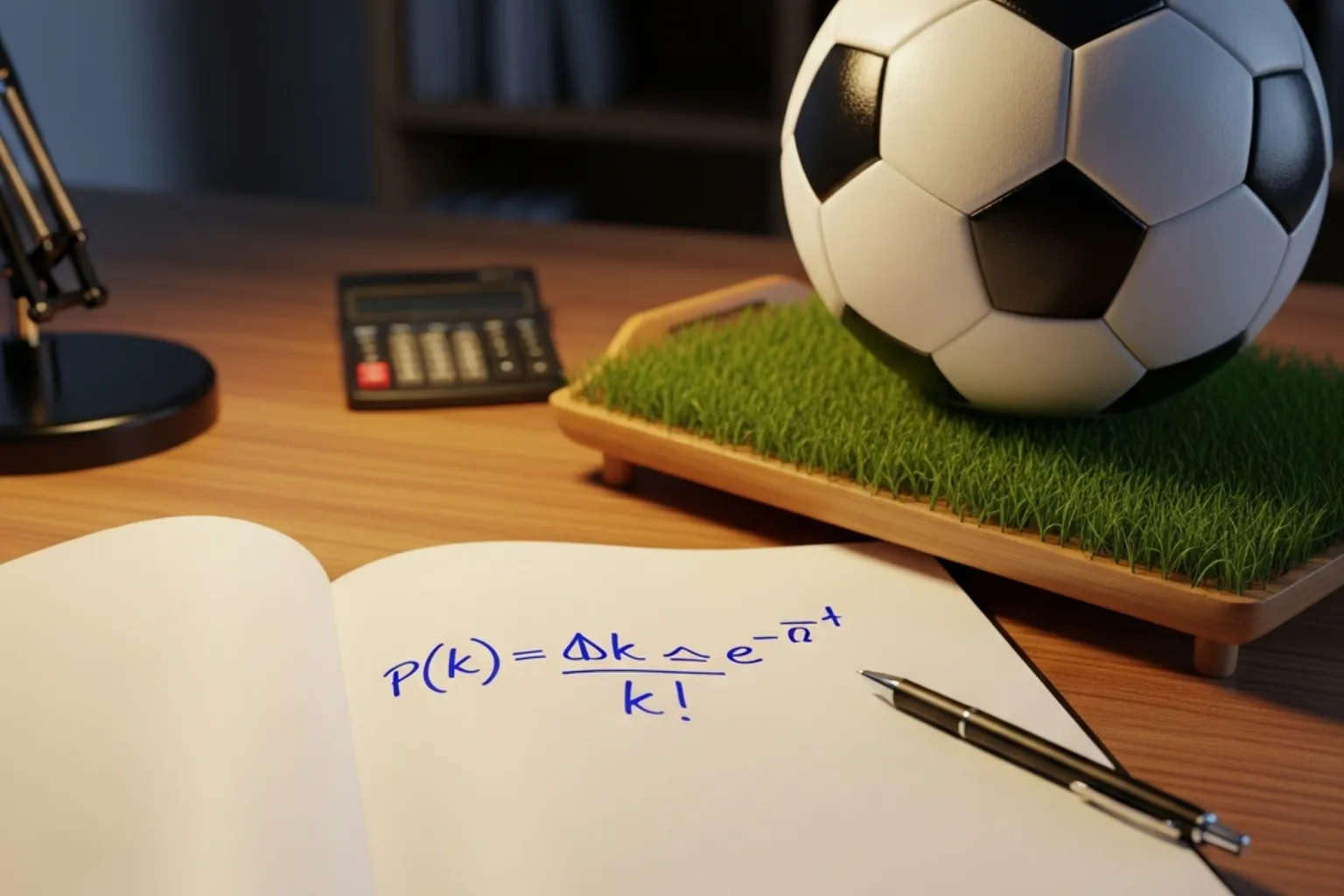 Notizbuch mit handgeschriebener Poisson-Formel neben einem Fußball auf dem Rasen