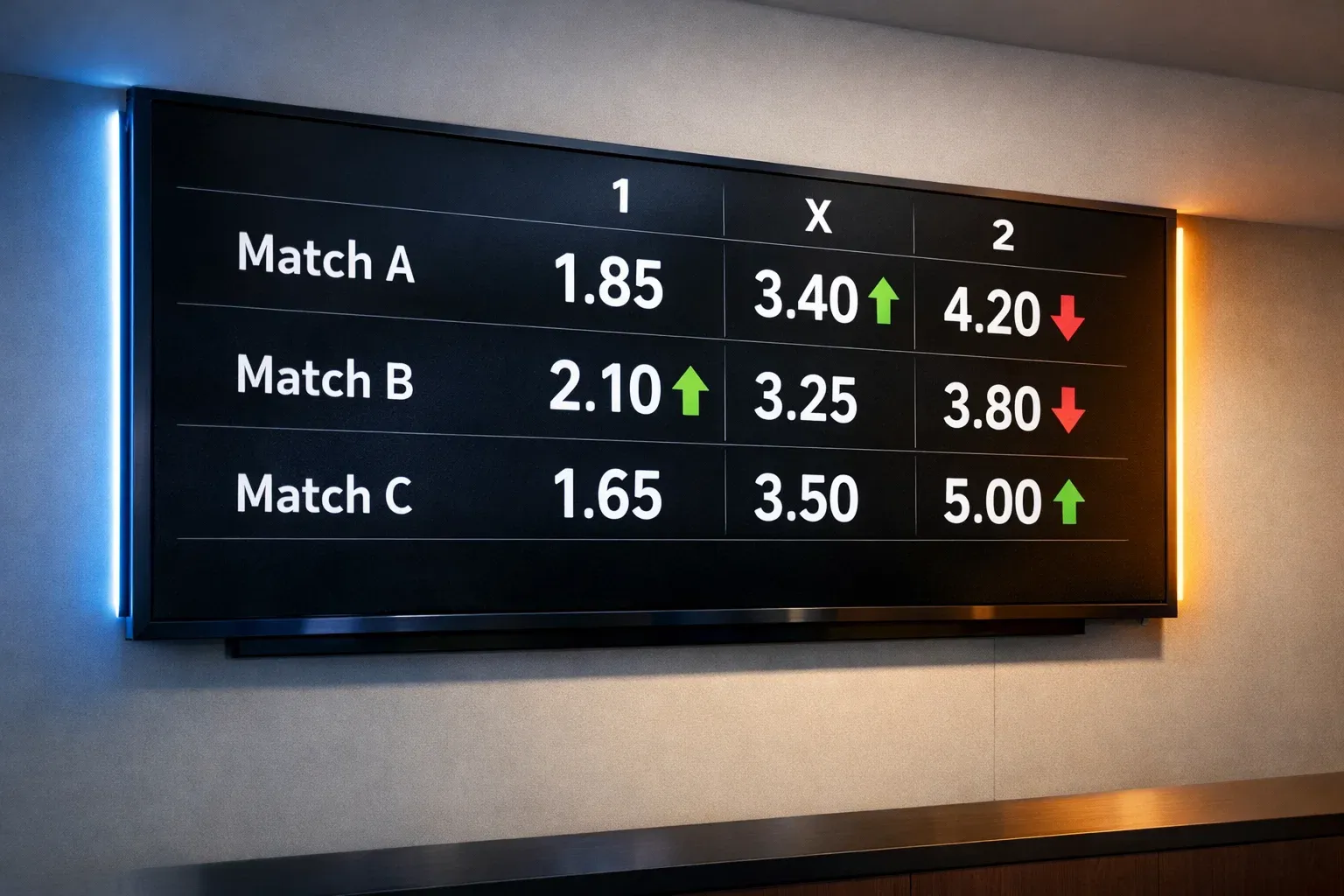 Quotentafel mit Pfeilen nach oben und unten neben einem Fußballfeld