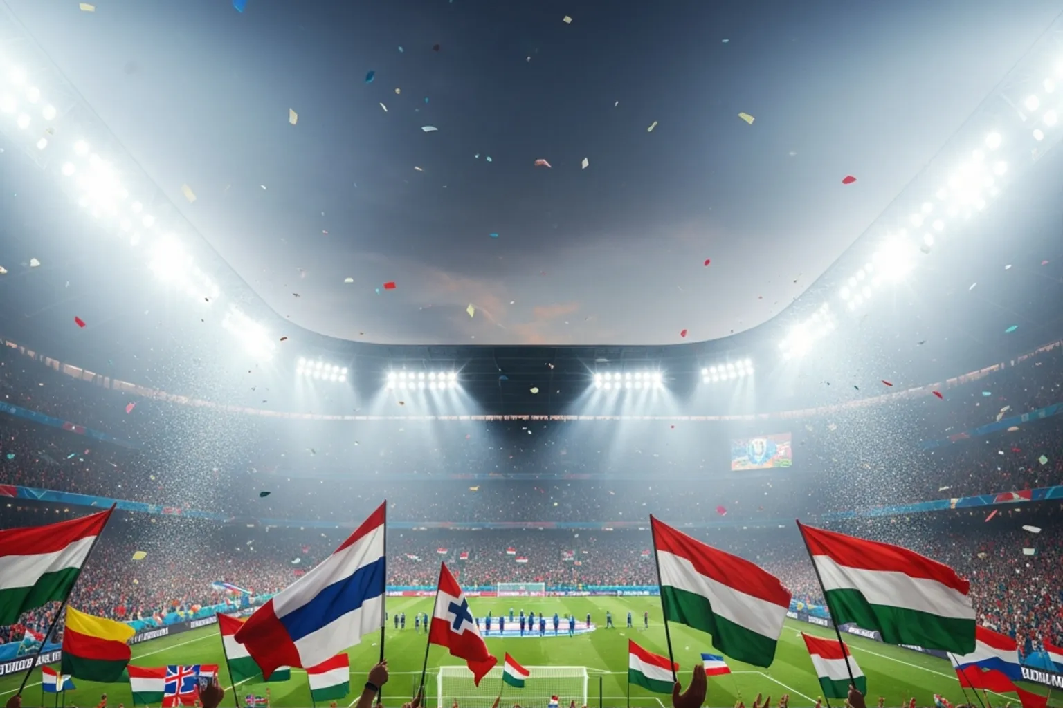 Volles Fußballstadion mit Nationalflaggen bei einem Turnierfinale