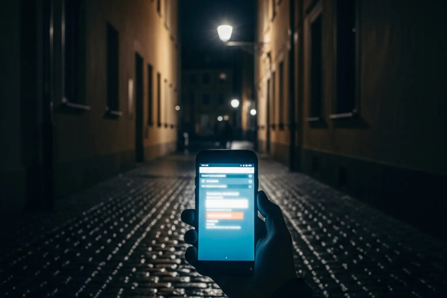 Dunkle Gasse mit einem leuchtenden Smartphone-Bildschirm – Symbol für illegales Online-Glücksspiel