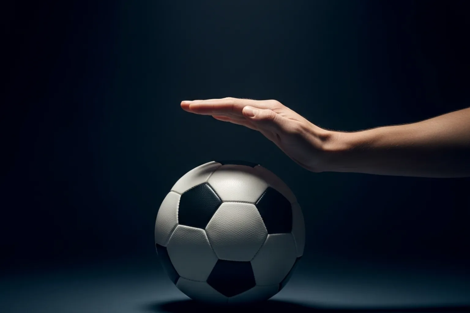 Schutzsymbol – offene Hand vor einem Fußball auf dunklem Hintergrund