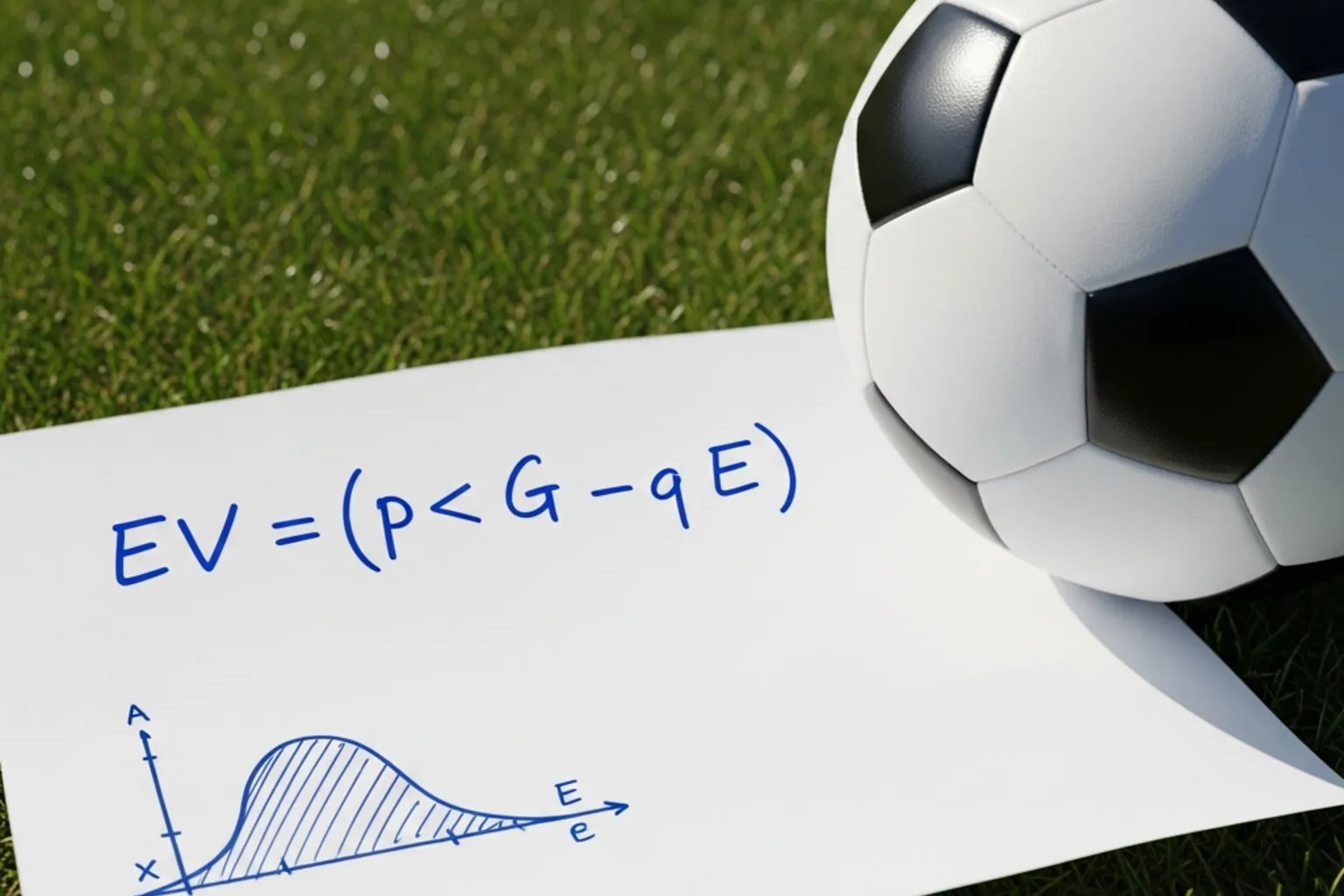 Handgeschriebene mathematische Formeln auf Papier neben einem Fußball