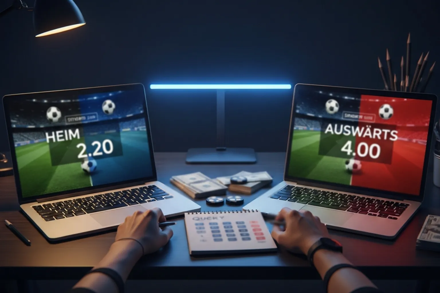 Zwei Laptops nebeneinander mit verschiedenen Wettquoten auf dem Bildschirm