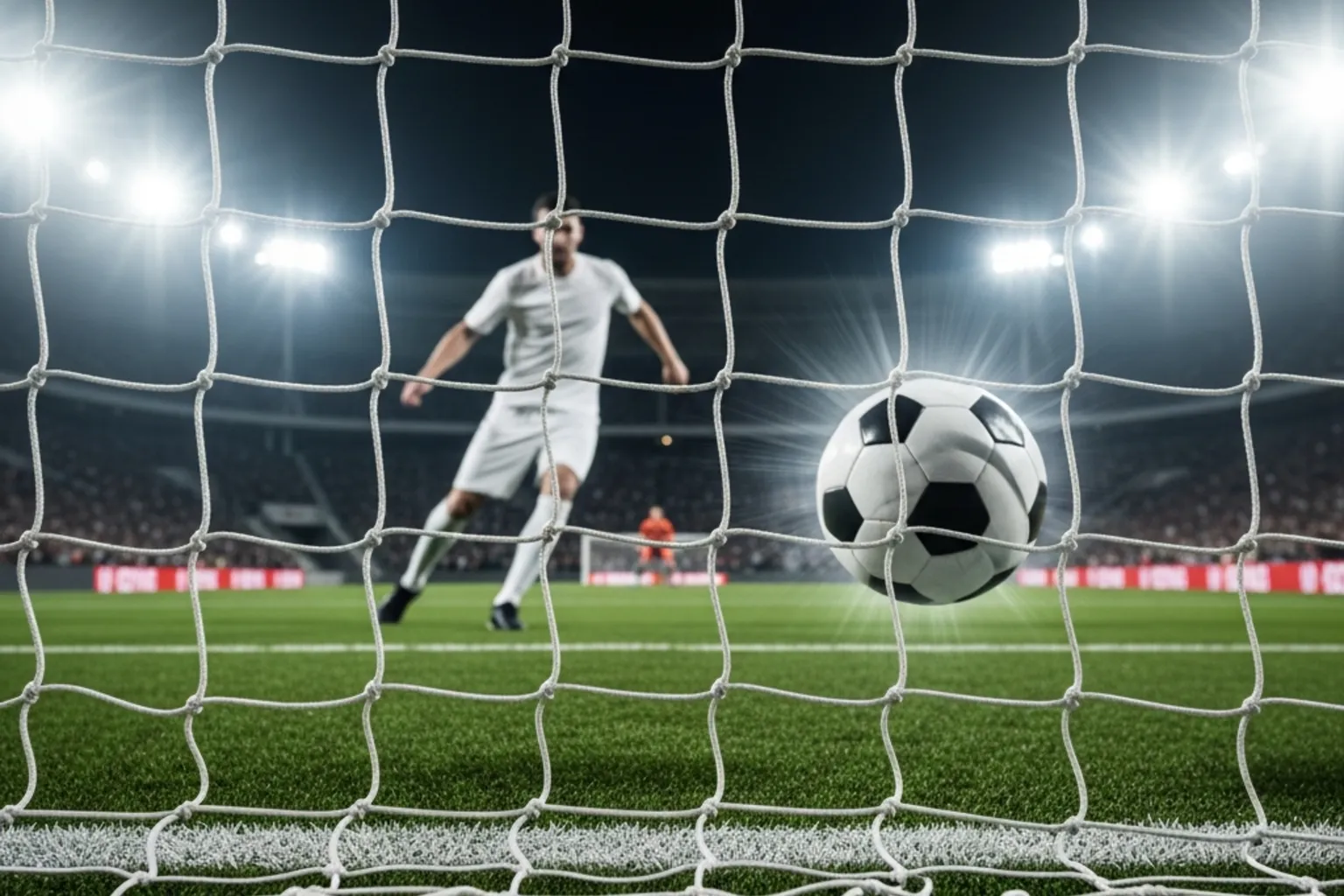 Fußballspieler beim Torschuss aus der Nahdistanz – Ball auf dem Weg ins Netz