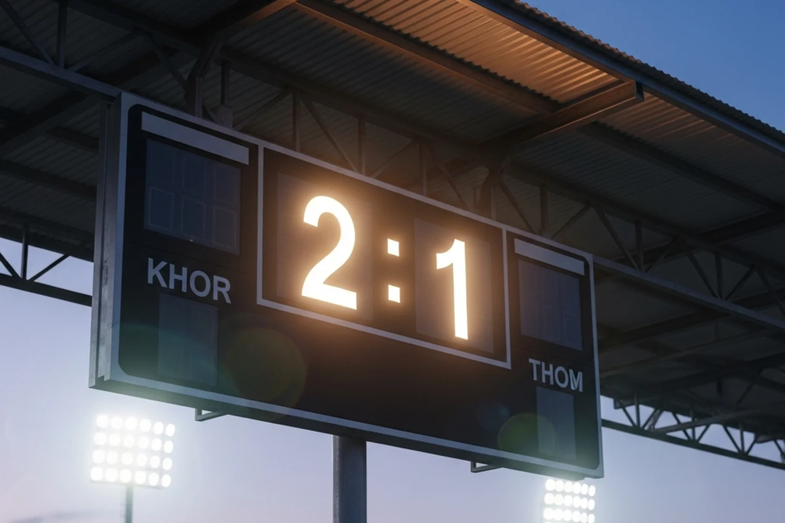 Anzeigetafel in einem Fußballstadion mit dem Spielstand 2:1