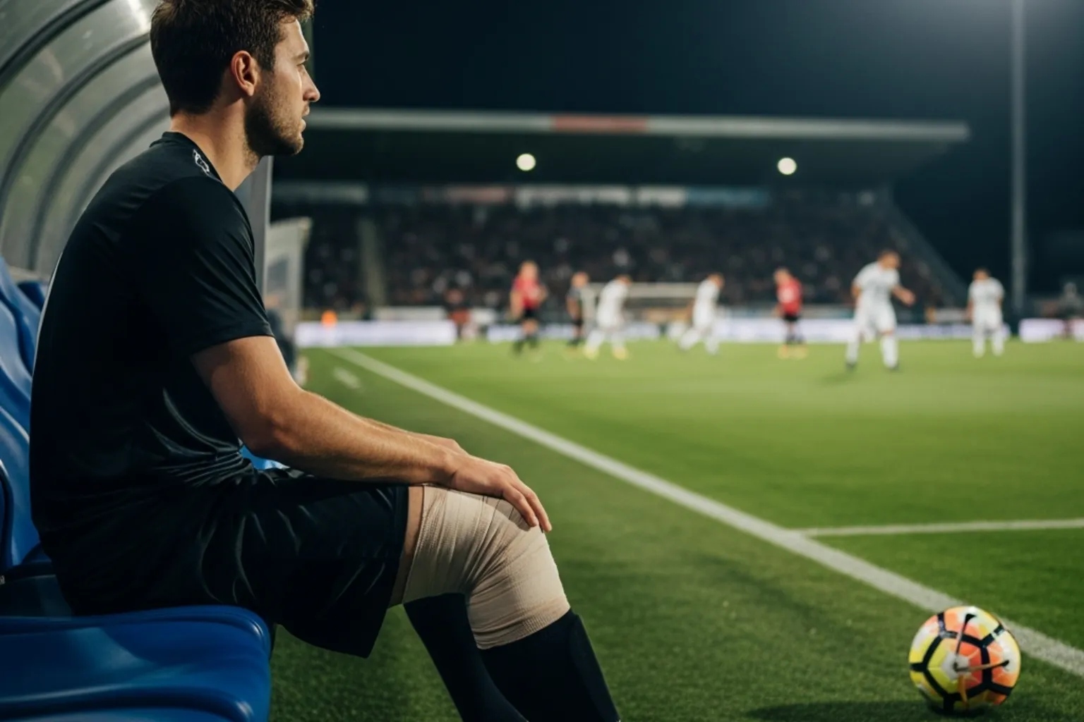 Fußballspieler mit Kniebandage am Spielfeldrand – Blick auf den Rasen