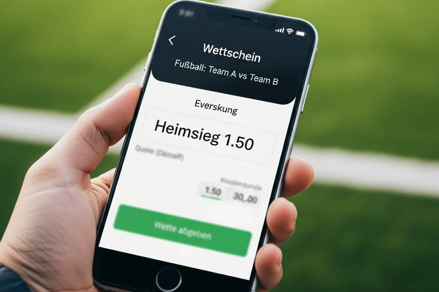 Wettschein mit der Dezimalquote 1.50 auf einem Smartphone-Bildschirm