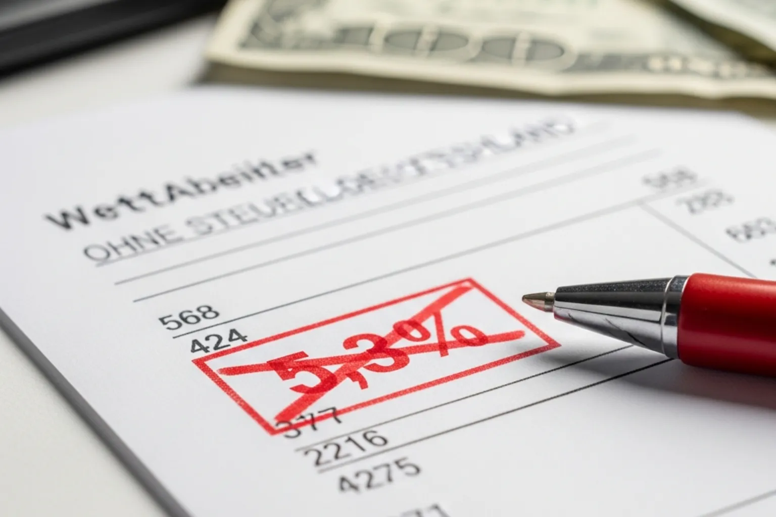Stempelaufdruck 5,3 % auf einem Wettschein – durchgestrichen mit rotem Stift