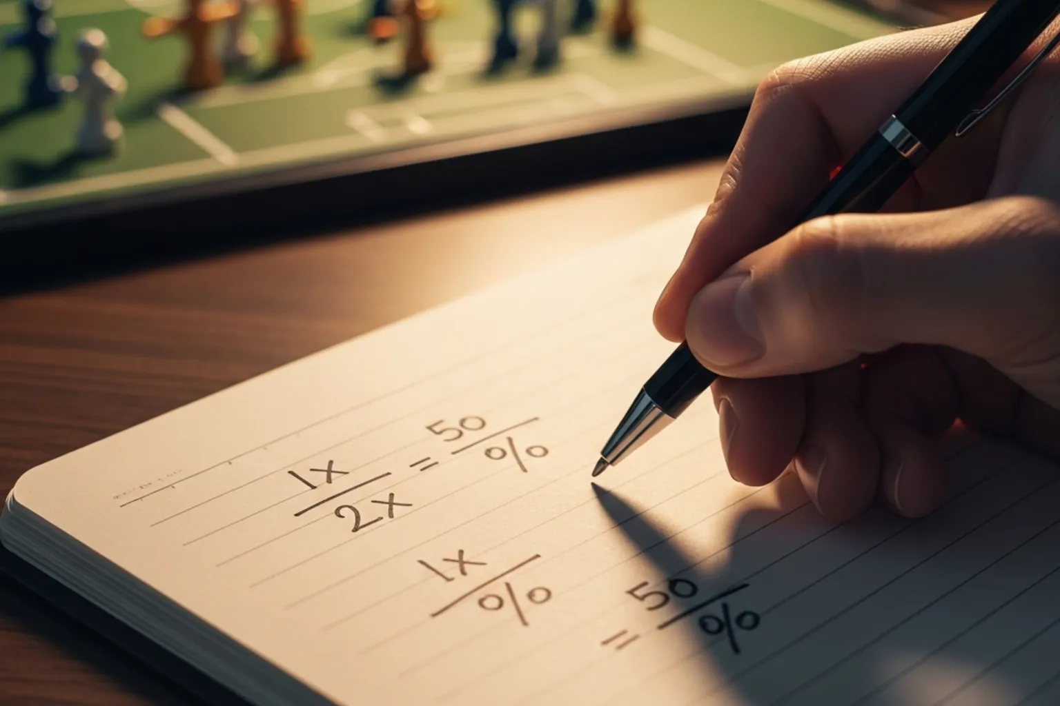 Quotenberechnung: Wahrscheinlichkeitsmodell und Marge auf einem Notizblock