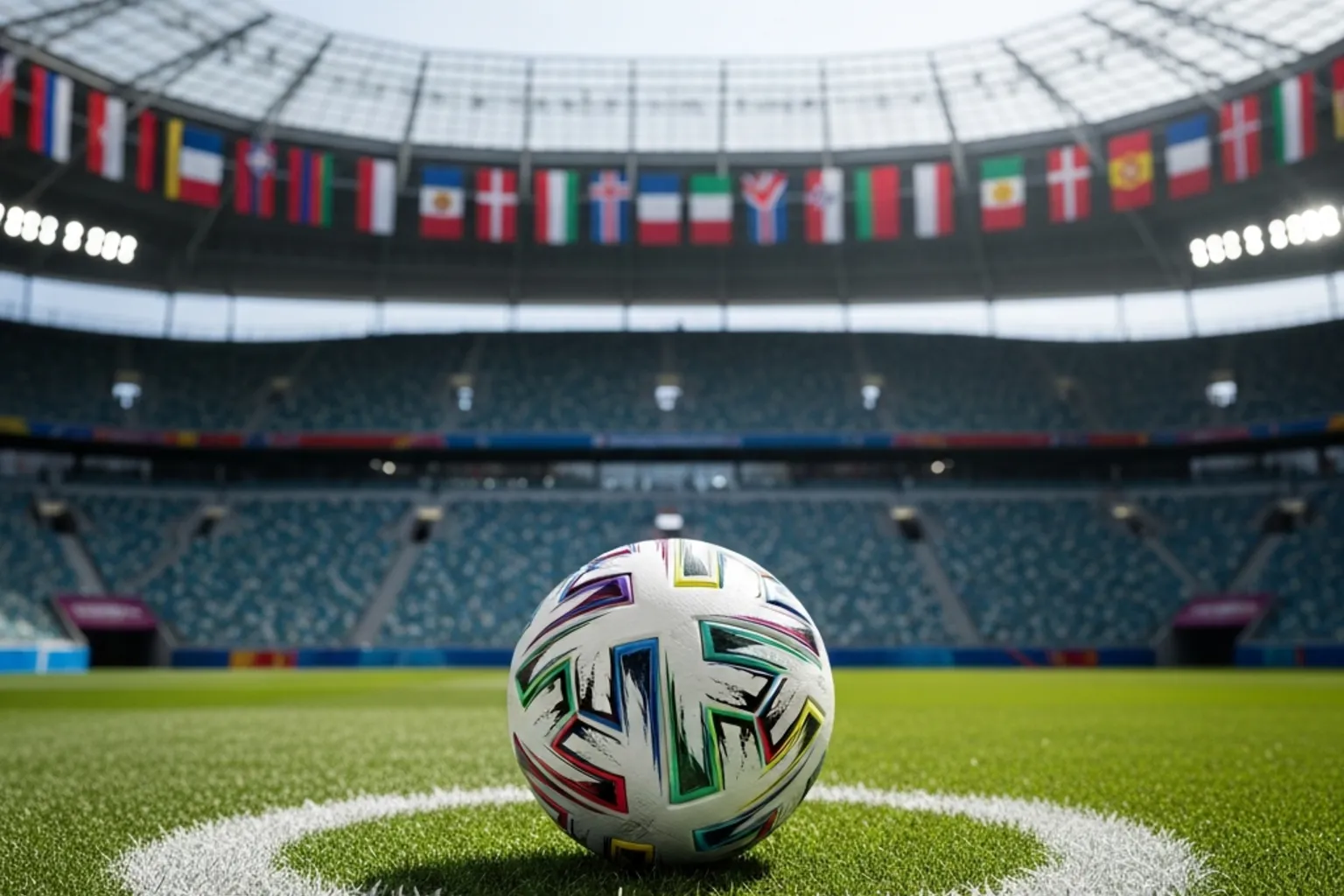 Fußball auf dem Mittelkreis eines Stadionrasens mit Länderflaggen im Hintergrund